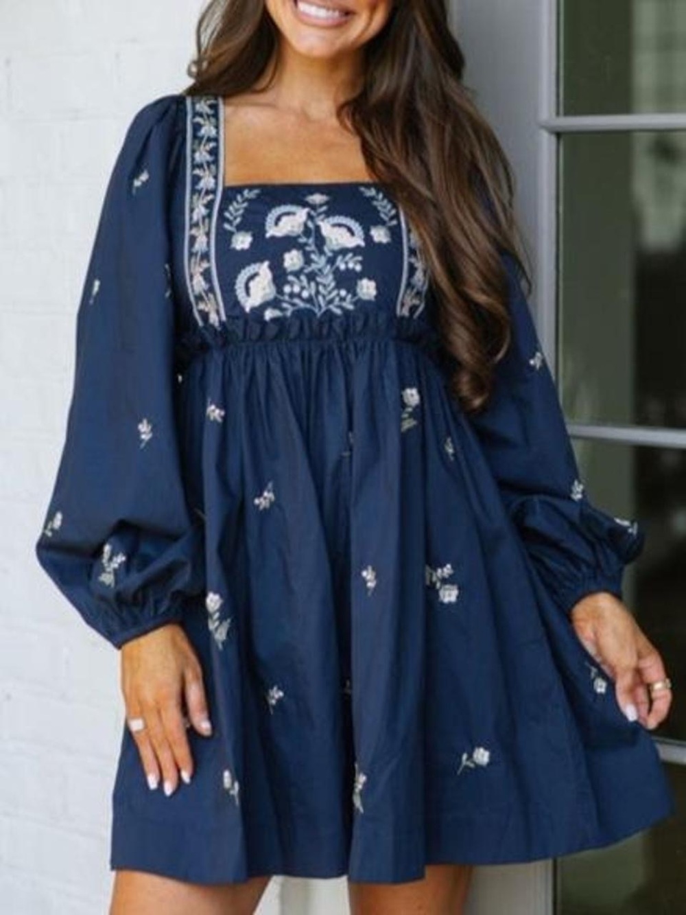 These Three Boutique Navy Blue Dress with Floral Embroidery